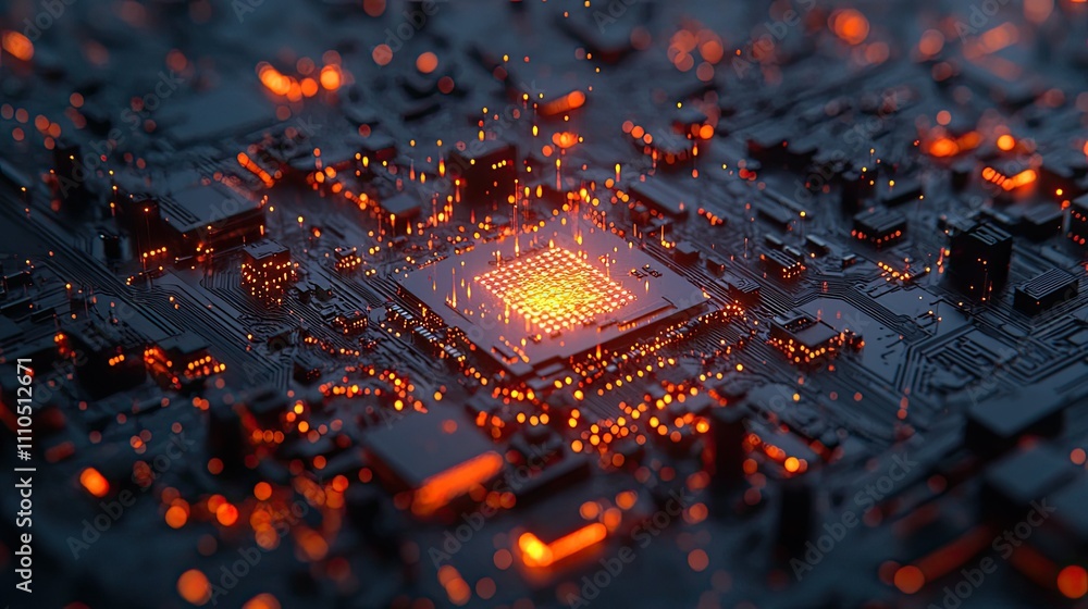 Poster a close-up of a glowing microchip on a circuit board surrounded by intricate connections