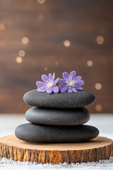 A serene stack of smooth black stones topped with delicate purple flowers, set against a softly lit background, evoking tranquility and balance.