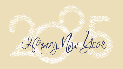 2025 Happy New Year. Winter holiday template with congratulatory text and date number on colorful background. Horizontal format.