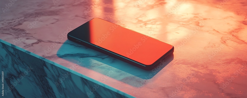 Poster smartphone displaying warm light reflection on marble surface