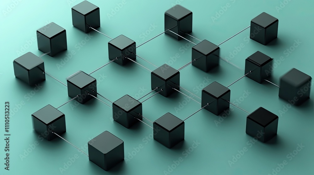 Poster a digital rendering of a blockchain network with interconnected nodes in a 3d space.