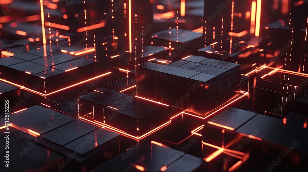 Poster a digital rendering of a blockchain network with interconnected nodes in a 3d space.
