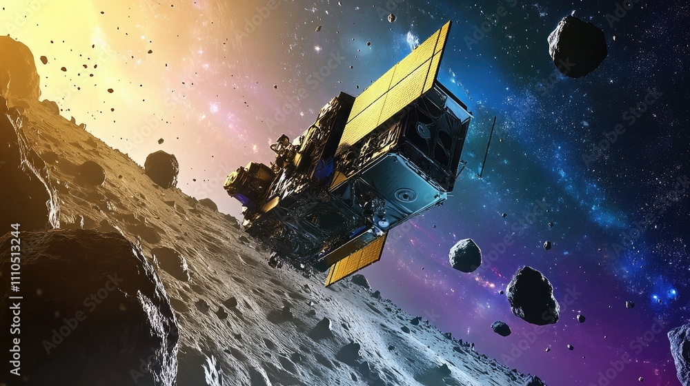 Poster a digital rendering of a sci-fi spacecraft zooming past colorful alien planets and asteroid fields, 