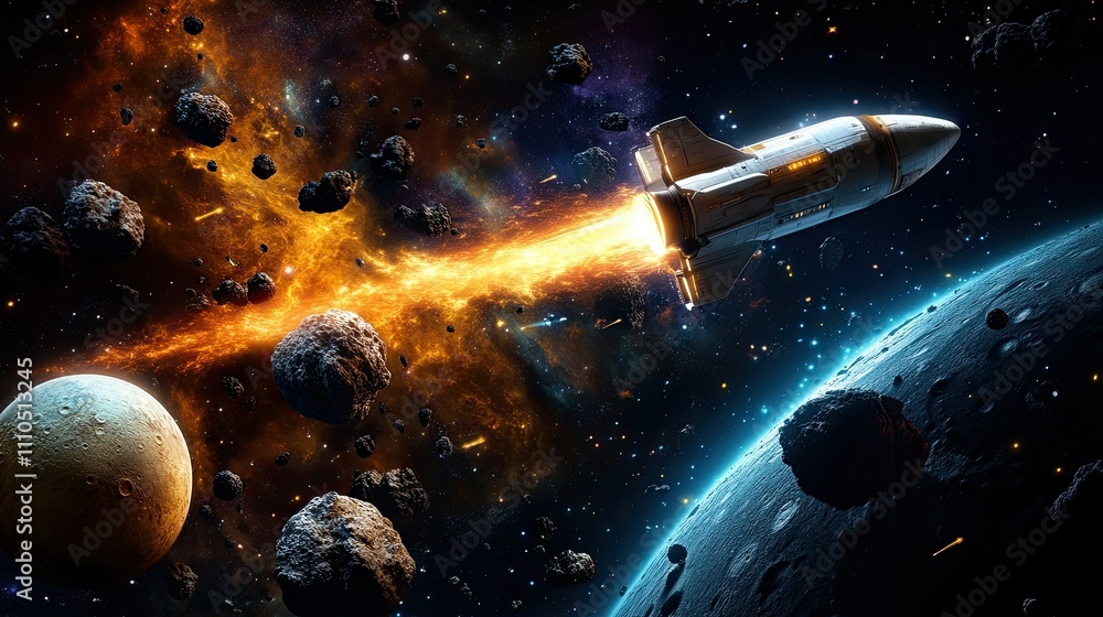 Aufkleber a digital rendering of a sci-fi spacecraft zooming past colorful alien planets and asteroid fields, 