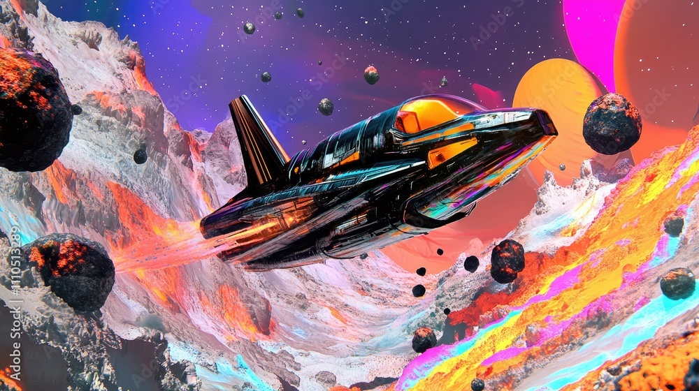 Poster a digital rendering of a sci-fi spacecraft zooming past colorful alien planets and asteroid fields, 