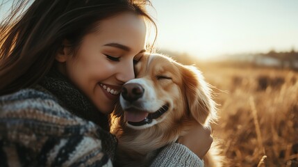 A woman smiles at the camera while hugging her dog.
