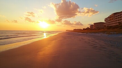 A dramatic beach sunset with the sun low in the sky, casting long shadows on the sand, while vibrant colors fill the sky above the ocean