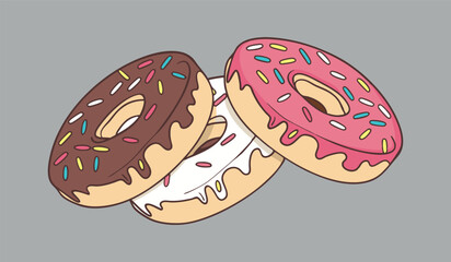 three tasty donuts with chocolate, vanilla, and strawberry icing