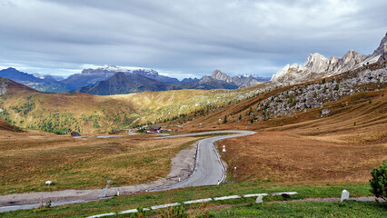 Road in the mountains in a mountain pass in the Italian Dolomites
