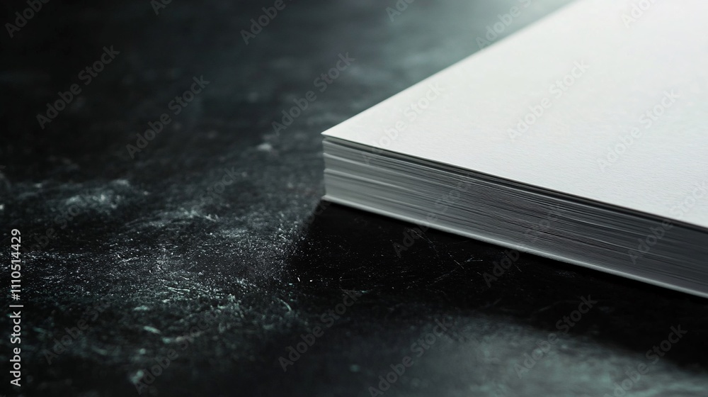 Poster stack of blank paper sheets resting on dark textured surface