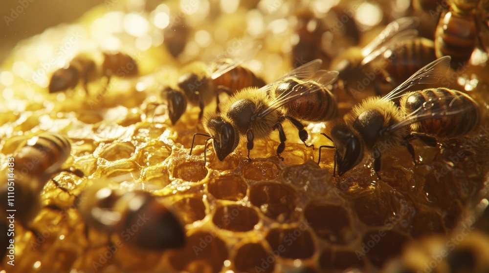 Poster a macro shot of honey bees collecting nectar on a golden honeycomb, highlighting the texture and tea