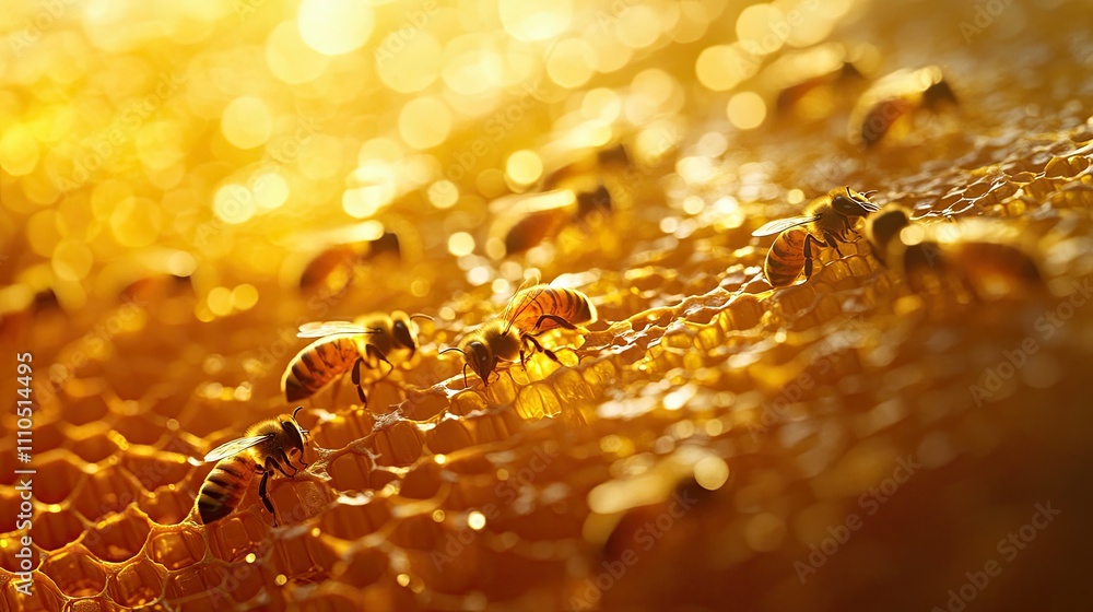Poster a macro shot of honey bees collecting nectar on a golden honeycomb, highlighting the texture and tea