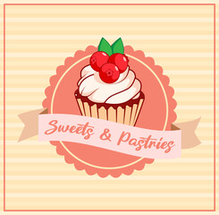 Cupcake. Bakery. Desserts. Logo for pastry bakery, pastry shop, desserts. Bakery design on striped beige background, vector illustration