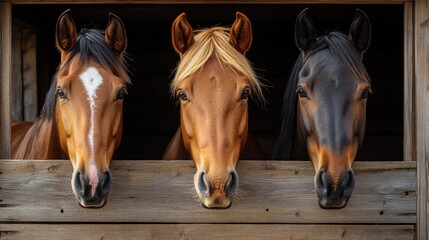 Obraz premium Three horses in a wooden stable, close-up portrait highlighting their unique expressions, equine beauty, nature, countryside setting, peaceful rural lifestyle, bond with animals.