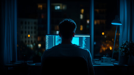 Silhouette of Person at Computer in Dark Room with Blue Lighting