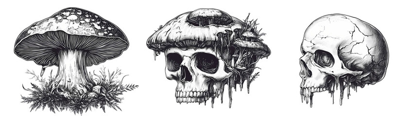 Skull with hand-drawn wreath