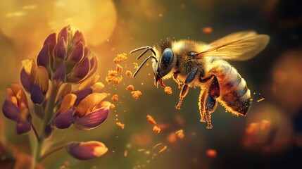 A pollinator's journey captured as a bee hovers near a lupine flower, orange pollen gleaming, in the heart of a spring day in Arlington, Massachusetts, USA.