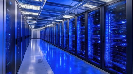 A sleek futuristic data center interior with rows of glowing blue servers and blinking lights.