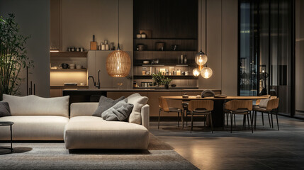 Modern dining room with natural materials and lighting.