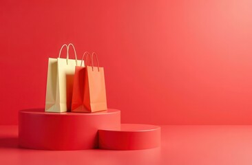 shopping bags stacked neatly on podium on red background, Super Saturday poster with copy space. sales advertising, holidays promotion. Christmas and New Year discount, marketing campaign flyer
