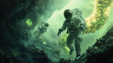 Fototapeta premium A stunning AI illustration of astronauts floating through an alien world, surrounded by strange landscapes and glowing alien lifeforms, capturing the essence of sci-fi space exploration