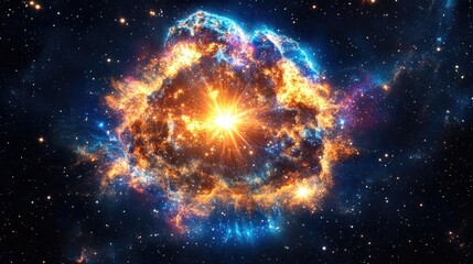 A stunning supernova explosion in a distant galaxy, emitting radiant colors of gold, orange, and...