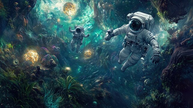 A stunning AI illustration of astronauts floating through an alien world, surrounded by strange landscapes and glowing alien lifeforms, capturing the essence of sci-fi space exploration