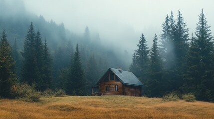 Cozy wooden cabin nestled in a misty forest landscape