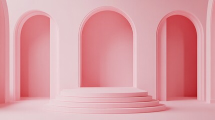 Pink round podium with archways creating elegant showroom space