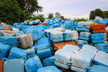 Damaged plastic floating jigsaw dock is become a large pile of plastic waste is a problem for the...