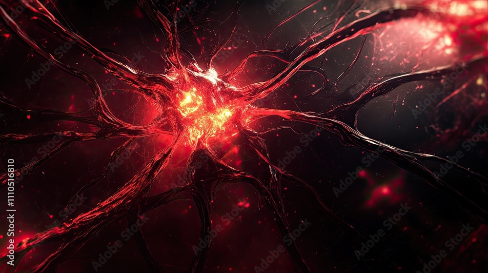 Poster an abstract ai-generated image of a glowing neural network on a dark futuristic background.