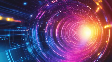 Obraz premium An abstract geometric digital tunnel glowing with vibrant neon colors and circuits.