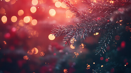 Christmas background with xmas tree and sparkle bokeh lights on red canvas background