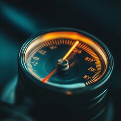 Close-up of a classic analog gauge with an orange needle indicating a specific measurement.