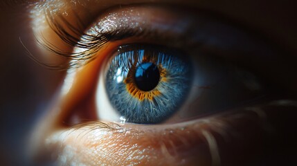 Human eye showing iris, pupil, and eyelashes in macro view