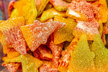 Assorted colorful gummy jelly candies. Top view. Jelly sweets.
