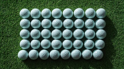 Rows of white golf balls arranged on green grass, sports equipment, practice session setup, outdoor golfing essentials, symmetry, tournament preparation, green field training.