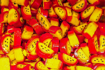 Assorted colorful gummy jelly candies. Top view. Jelly sweets.