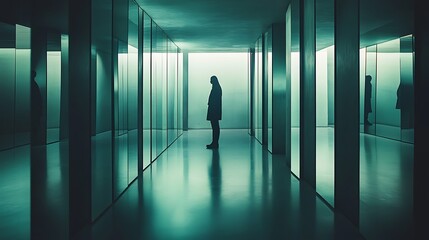 Fototapeta premium Solitary figure in a mirrored hallway, bathed in an eerie teal light.