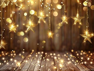 Obraz premium A stylish wooden background highlighted with golden stars and decorative lights, perfect for seasonal events and gatherings.