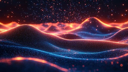 Fototapeta premium Surreal Glowing Landscape with Abstract Hills and Sparks