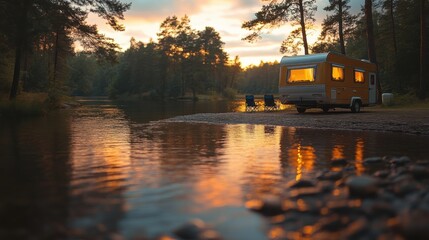 Yellow camper by river at sunset, peaceful evening, reflections in water, scenic camping spot, outdoor adventure, relaxing getaway, nature retreat, serene atmosphere.