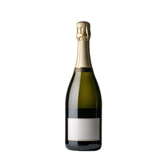 A white champagne bottle featuring a gold foil cap and a minimalist white label isolated on a transparent background