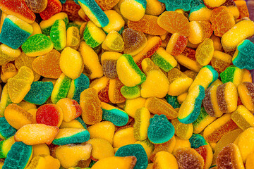 Assorted colorful gummy jelly candies. Top view. Jelly sweets.