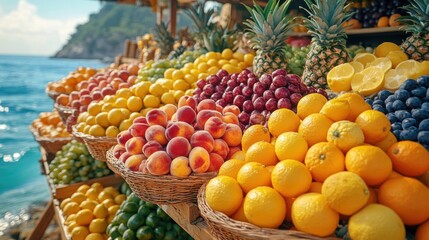 Colorful tropical fruit market by the sea, ripe oranges, peaches, grapes, pineapples, sunny coastal setting, exotic produce, vibrant fresh fruit baskets display.