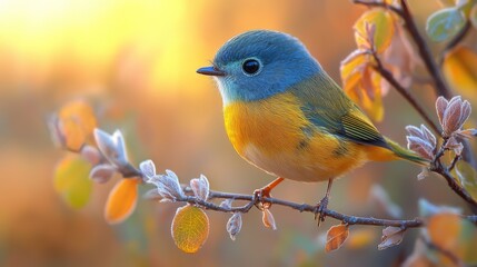 Obraz premium Vibrant Bird Perched on Frosty Branch in Autumn Glow