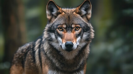 Obraz premium A wolf looks at the camera.