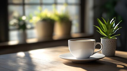 Obraz premium Morning coffee cup sitting on table by window with plant