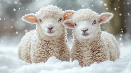 Two cute lambs in snowy field, winter wonderland, fluffy white coats, adorable animals in natural outdoor environment, soft textures, peaceful rural winter scene.