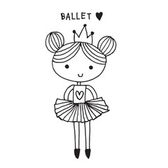Cute girl ballet doodle cartoon character hand drawing isolated